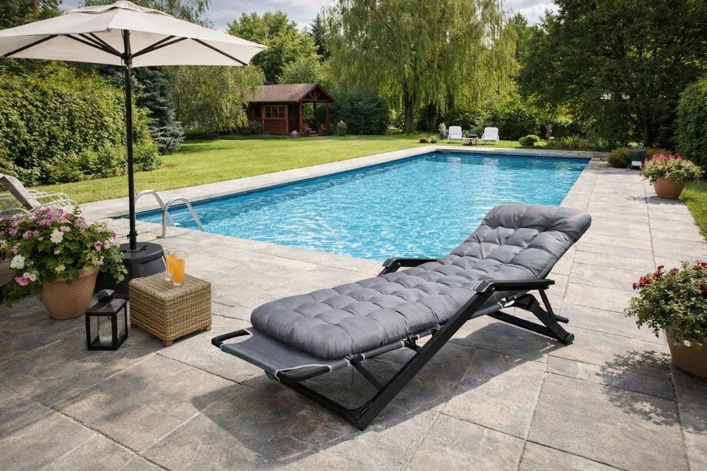 Leżak ogrodowy rozkładany Tossa, poduszka szara, stelaż czarny