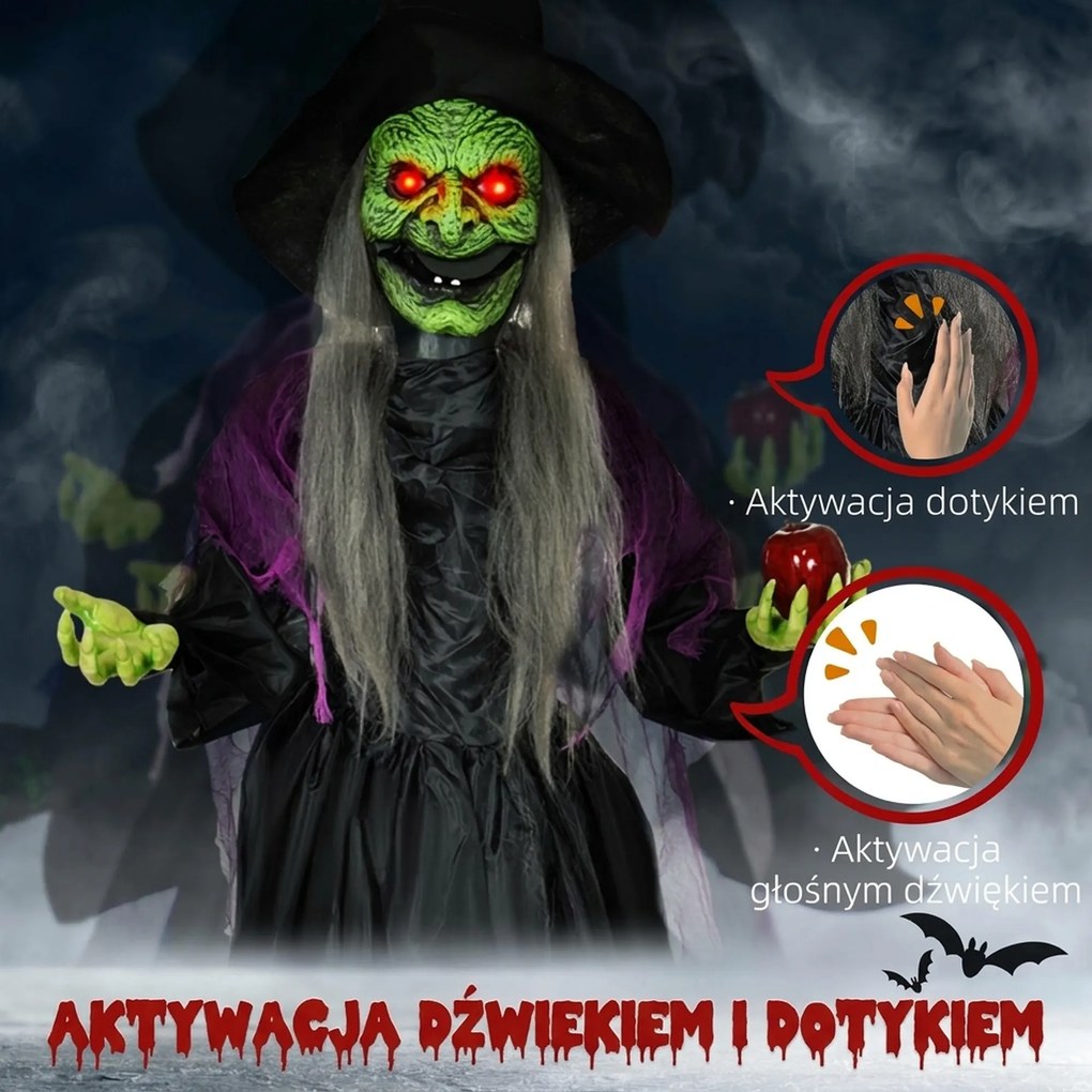HOMCOM Czarownica z Jadowitym Jabłkiem, Dekoracje Helloweenowe, Straszne Dźwięki, Czerwone Oczy, Ruchome Ramiona, 180 cm
