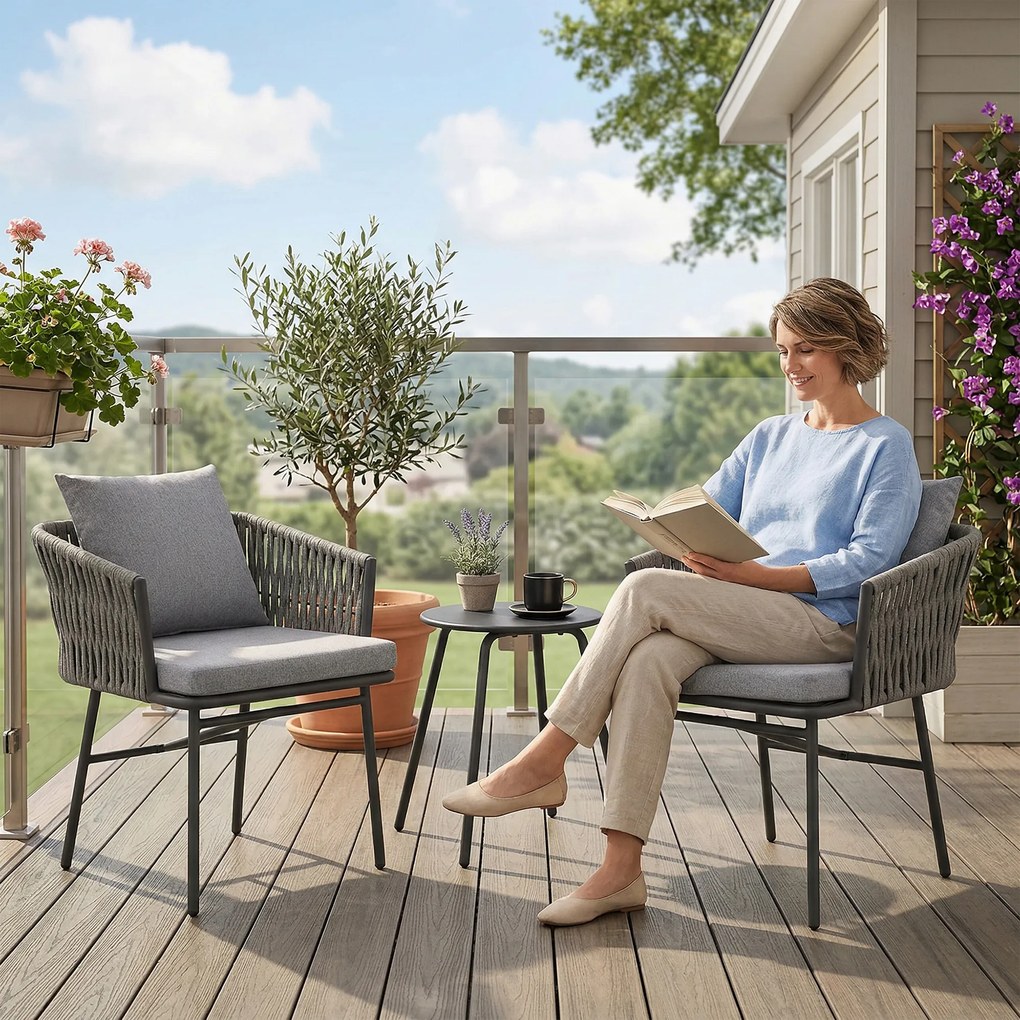 Outsunny 3-częściowy Zestaw Mebli Ogrodowych, 2 Krzesła, 1 Stół, Zestaw Bistro, Sztuczny Rattan, Rama Stalowa, Stół Metalowy, 4 Poduszki, Szary