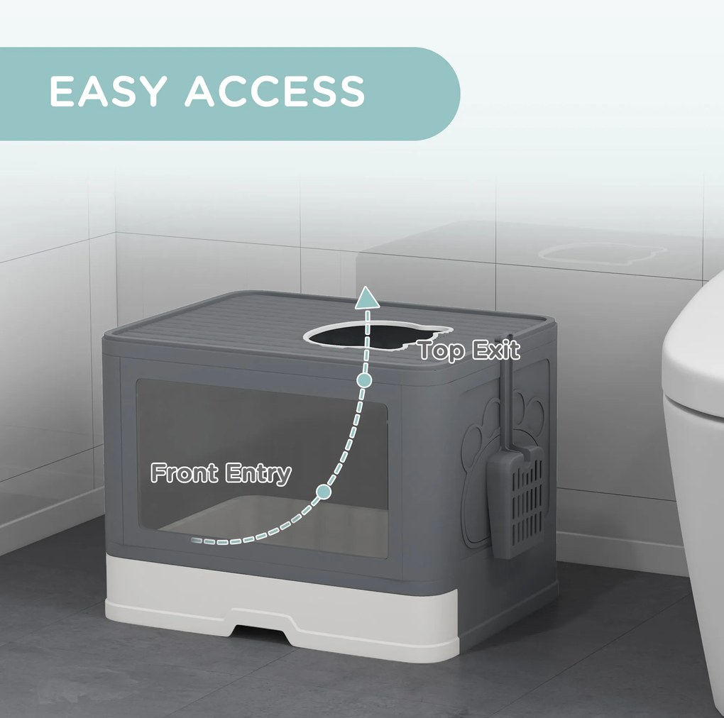 PawHut Kuweta dla Kota Kuweta dla Kota z Pokrywą, 2 Wyjścia, 48,5 x 38 x 36,5 cm, Szary + Biały