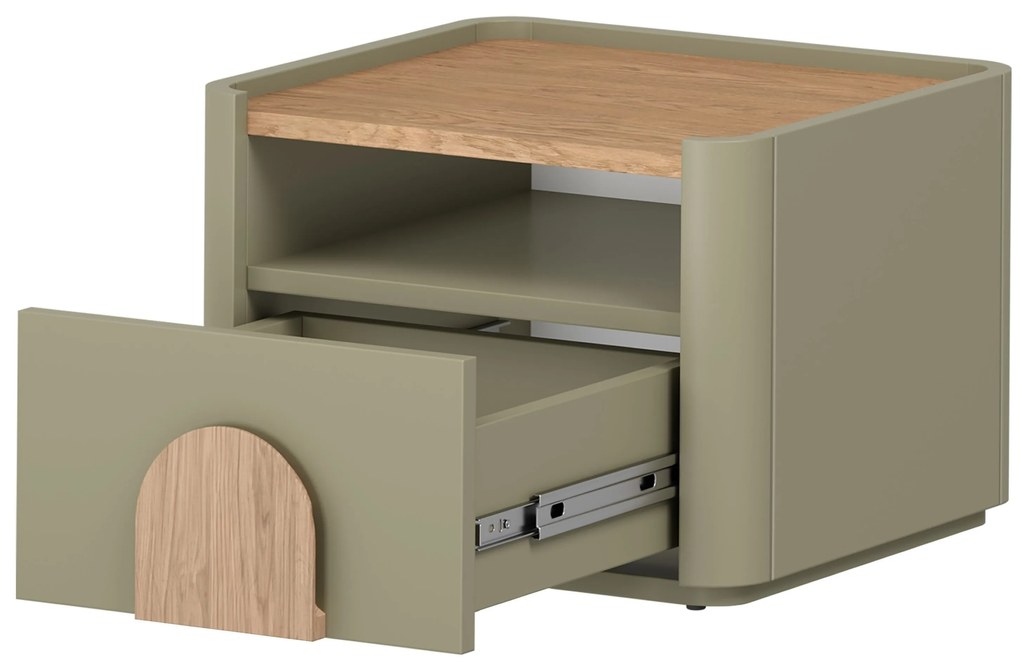 Szafka nocna Amilio z szufladą 50 cm - eukaliptus / dąb baltic dune / uchwyty dąb naturalny