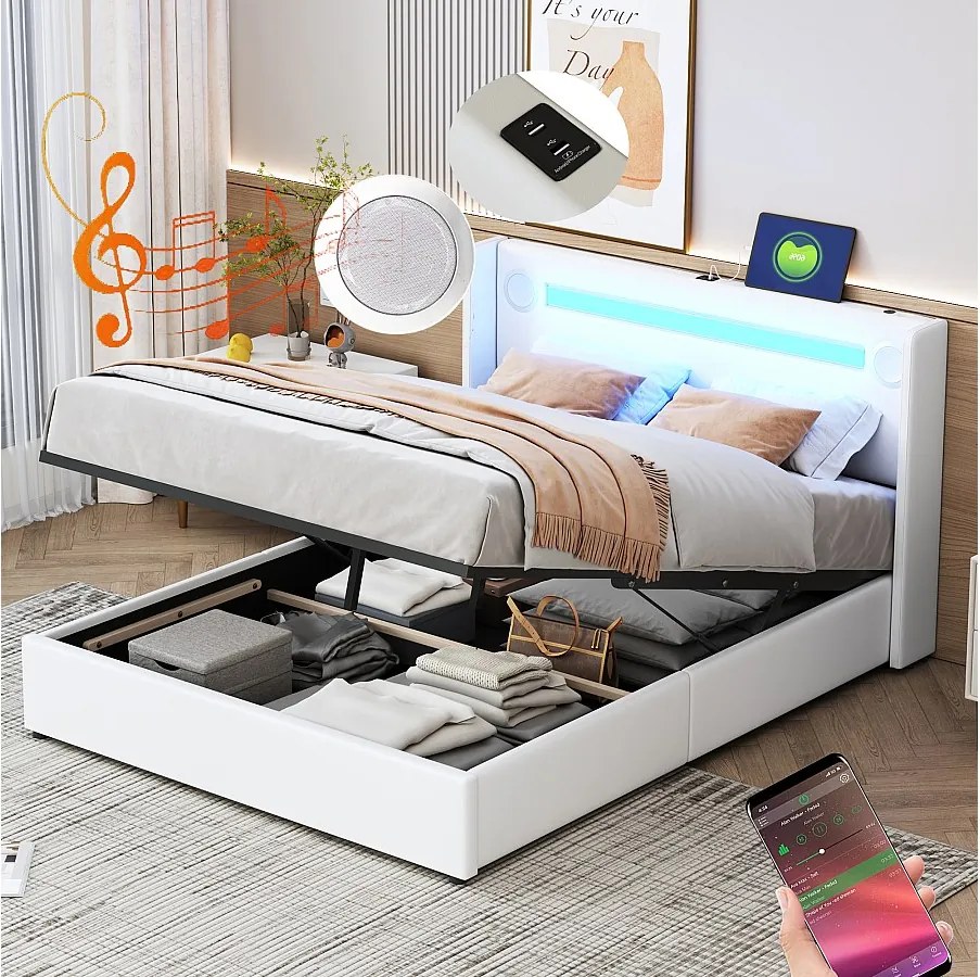 Łóżko 140x200 cm z pojemnikiem - Łóżko dla dorosłych z USB, oświetleniem LED i odtwarzaczem Bluetooth - Biały poliuretan - Bez materaca