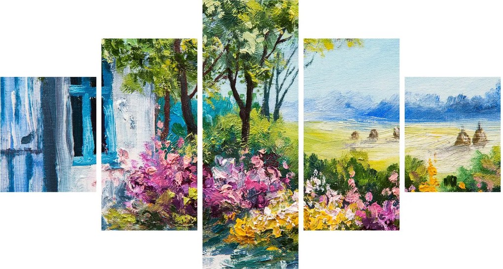 Obraz ogrodu przed domem, obraz olejny (125x70 cm)