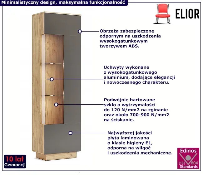 Regał słupek z witryną w kolorze dąb craft + lava mat - Kyle 6X