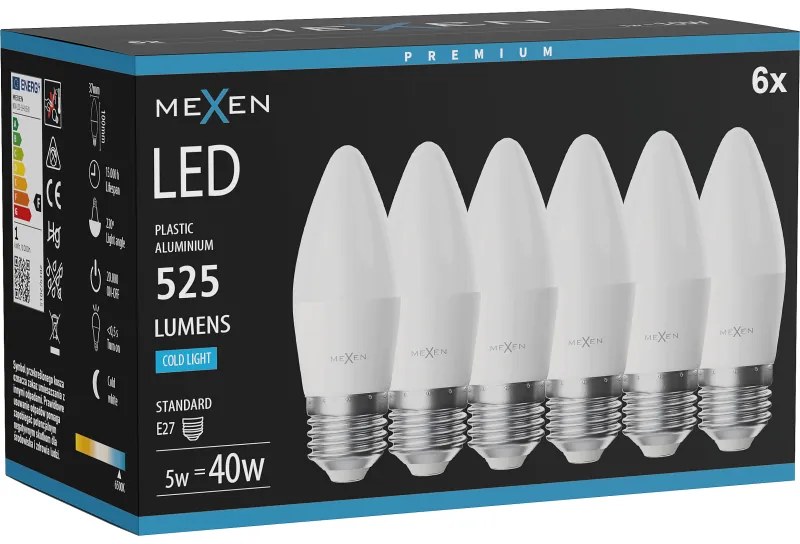 Mexen Nova 6x żarówka LED E27, C37, 5W, Zimna - 6500K, 525 lm - L102-E27-0565-01x06