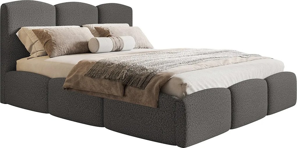 Łóżko tapicerowane 200x200 Roma Slim - gruba pianka, pojemnik, stelaż metalowy - tkanina boucle ciemny szary (Anthology 18)