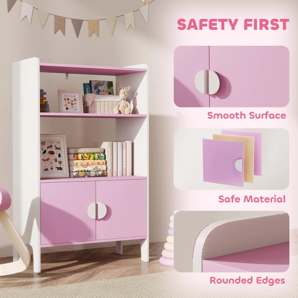 AIYAPLAY Regał na książki dla dzieci, 2 półki, 2 szafki, wolnostojący, design przeciwdziałający przewróceniu, antypoślizgowe stopy, MDF, Różowy+Biały