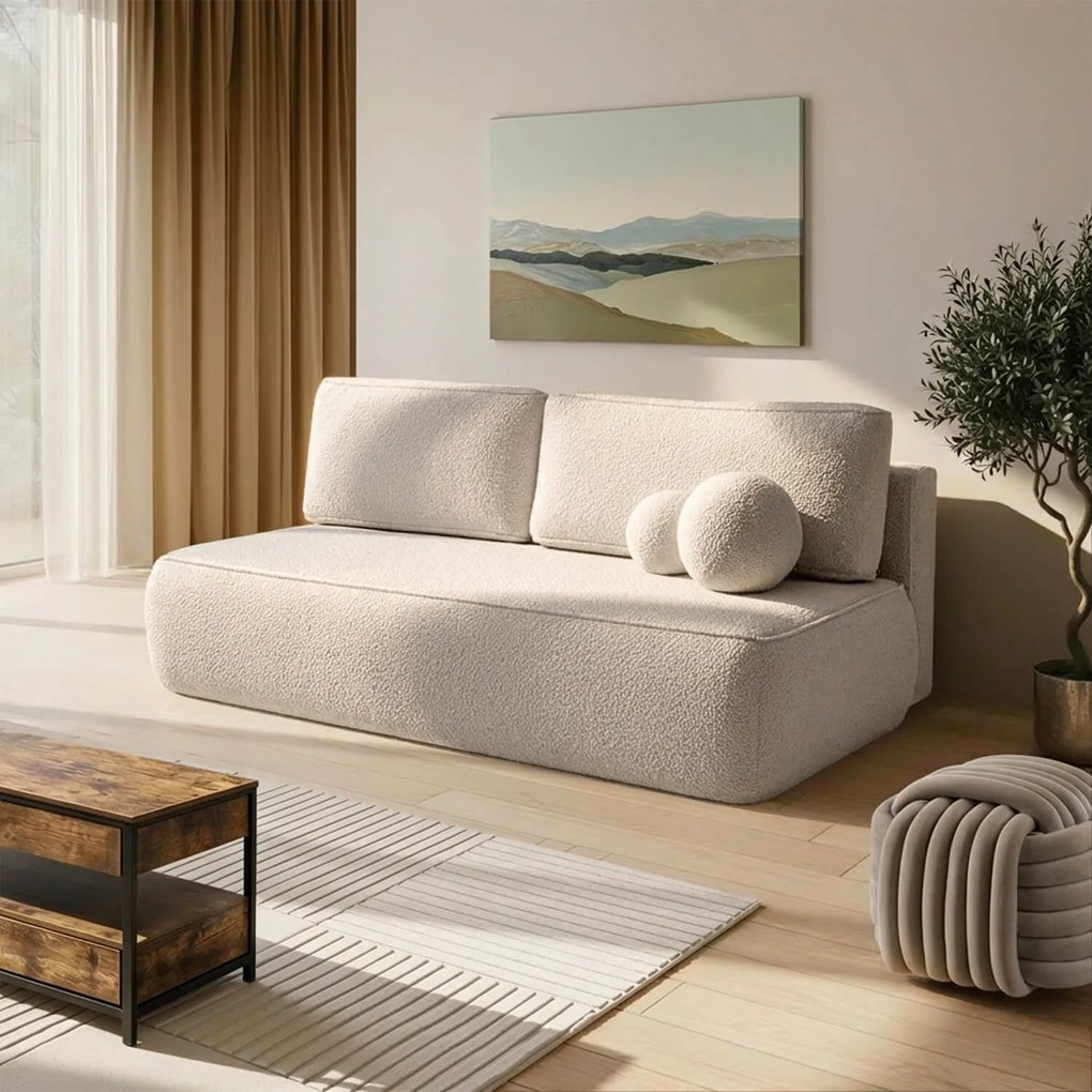 Sofa z Funkcją Spania ARVETO Kremowa Boucle Nowoczesna