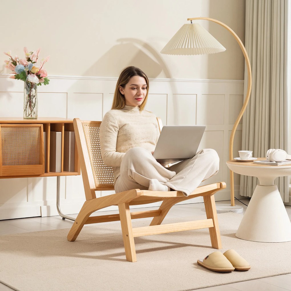 HOMCOM Rattanowy fotel do czytania, Szerokie siedzisko, Drewniana rama, 64 x 70 x 74 cm, Drewno naturalne