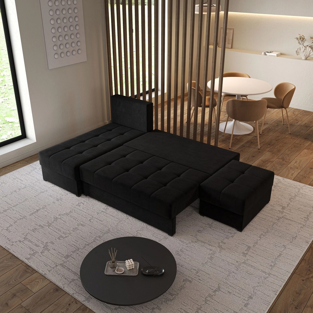 Masseno Narożnik NORVI z funkcją spania i pojemnikiem na pościel Narozniki L, Rozkładana sofa - Czarny, KRONOS 07