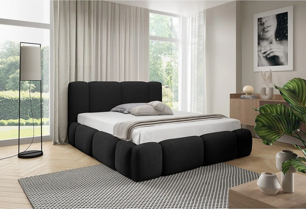 FURNISTAR BIANNO - 200 x 200. Łóżko tapicerowane z pojemnikiem na pościel, dwuosobowe ze stelażem, wygląd boxspring, bez materaca, do sypialni- Czarne