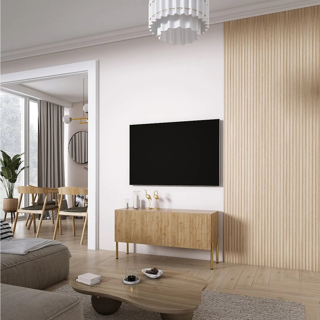 Szafka pod telewizor z ryflowanym frontem 100, Dąb Craft, nóżki proste złote, 100 × 32 × 52 cm