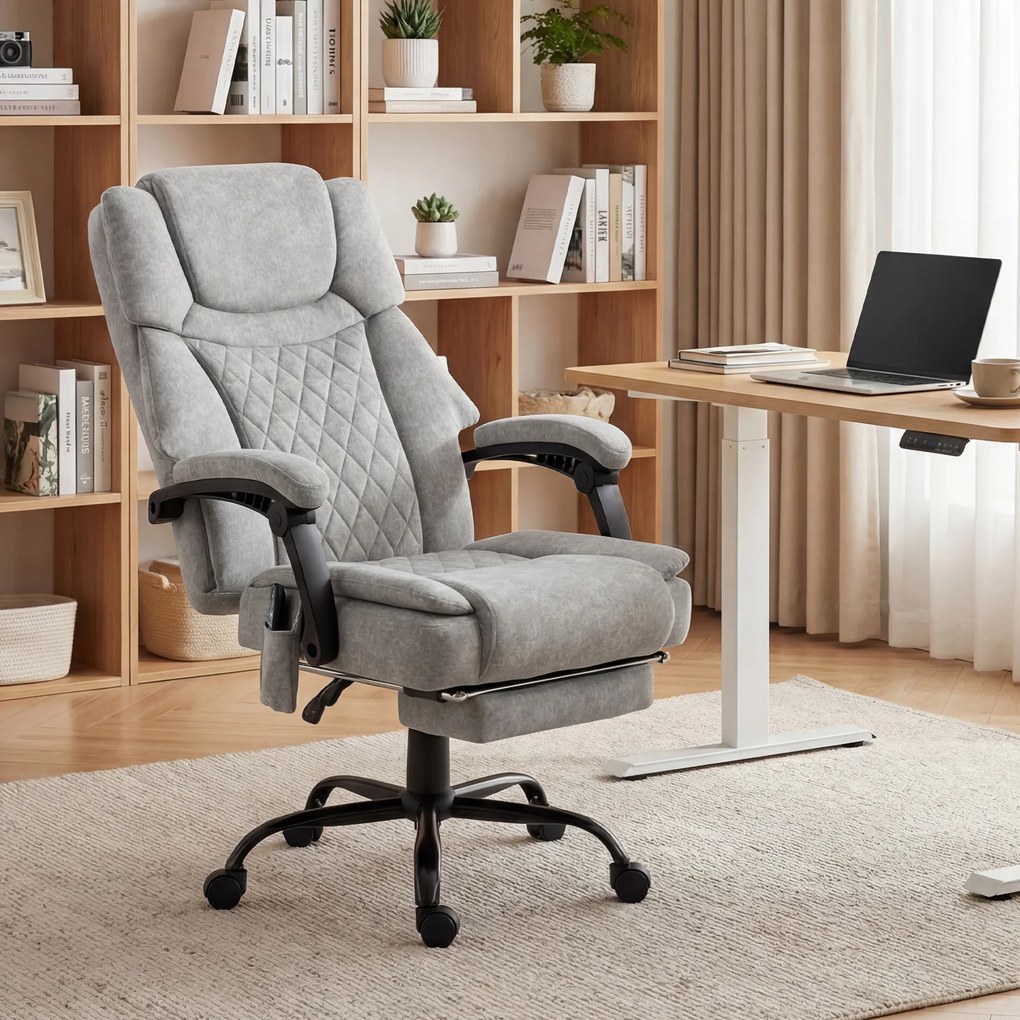 HOMCOM Fotel biurowy z wysokim oparciem, masażem wibracyjnym, funkcją podgrzewania, regulowanym oparciem, podnóżkiem, pilotem, szary | Aosom PL