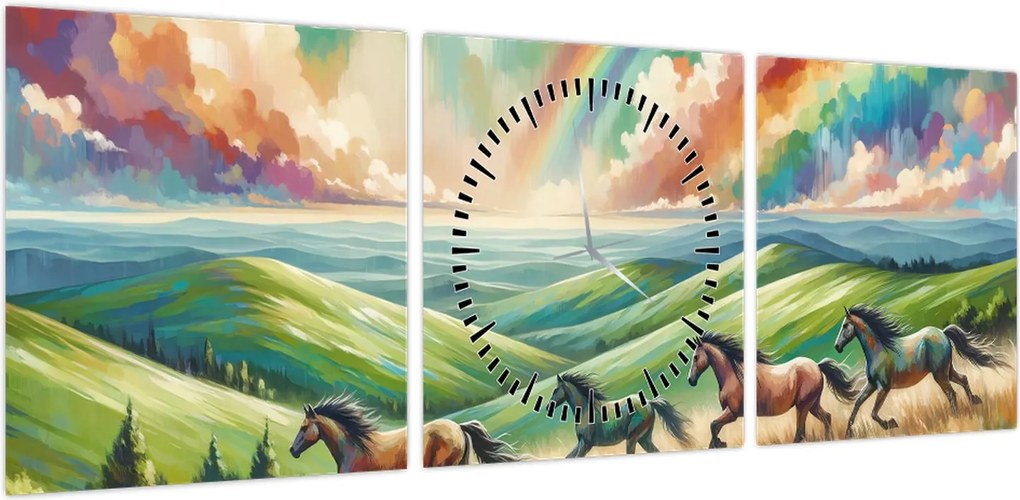 Obraz – Konie galopujące przez krajobraz (z zegarem) (90x30 cm)