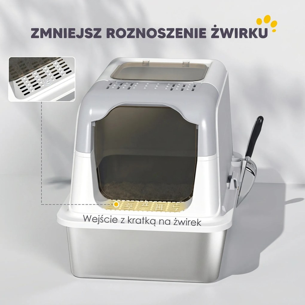 PawHut Toaleta dla kotów, kocie WC z pokrywą, łopatka do żwiru, wejście z przodu i wyjście na górze, stal nierdzewna do 15 kg