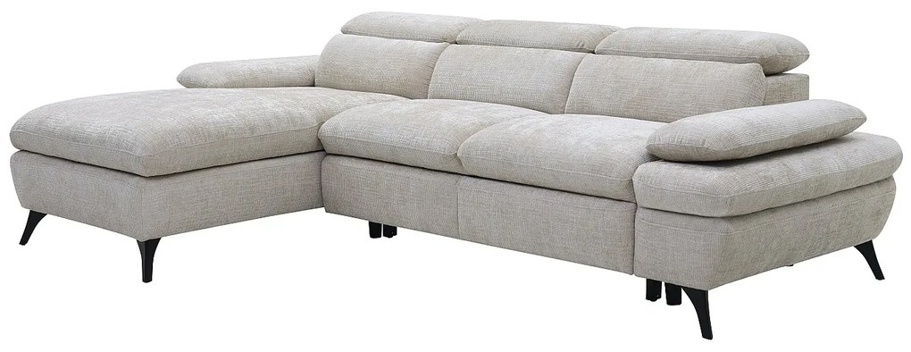 Kanapa narożna lewostronna rozkładana z beżową teksturowaną tapicerką - SURDELI