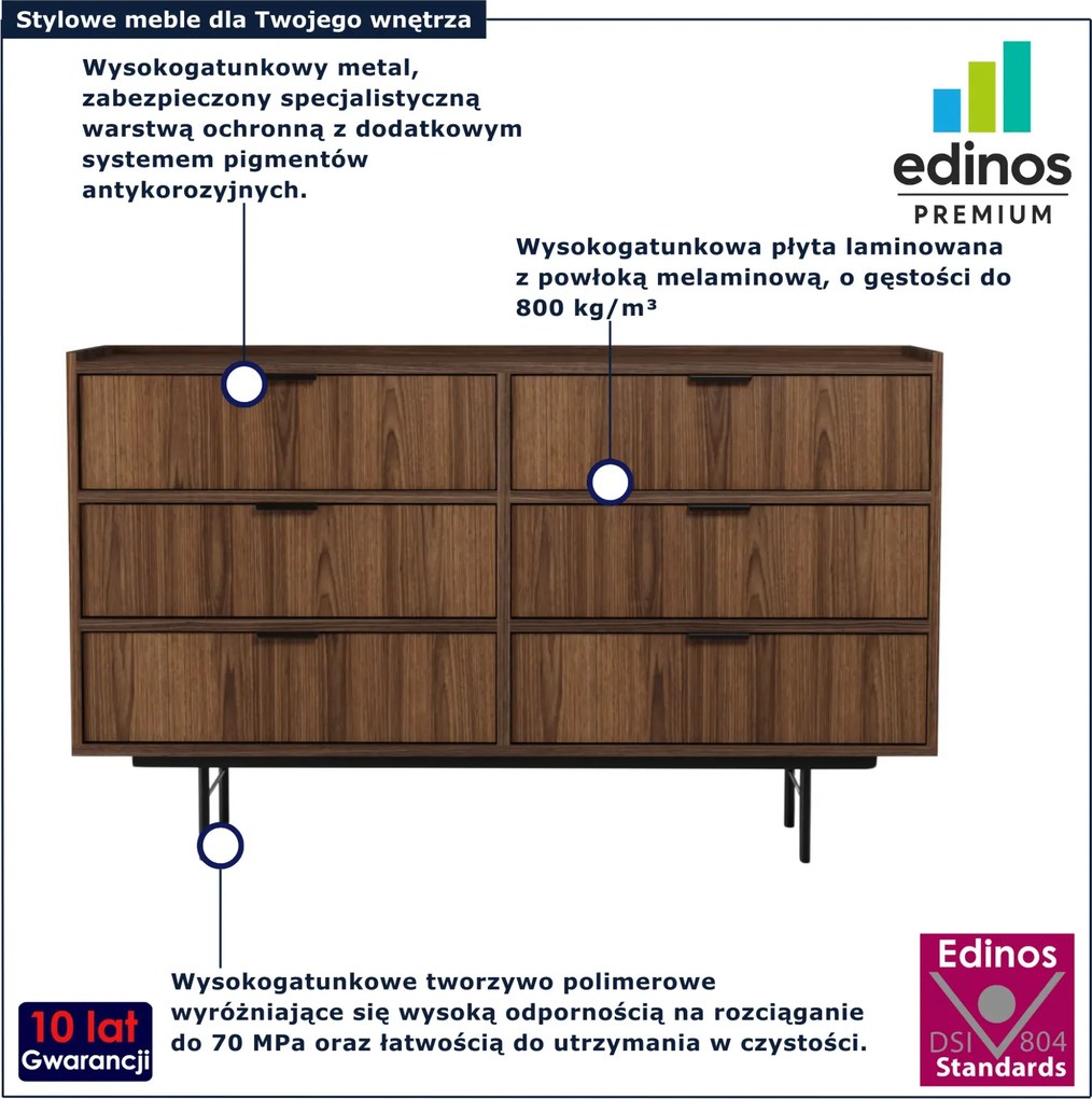 Komoda z 6 szufladami na nóżkach orzech warmia T9-G69