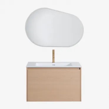 Zestaw Wiszących Mebli Łazienkowych 80x50 Cm Z Drewna Zintegrowany Z Umywalką Jacob Naturalna & Owalna Lampa Led I Przeciwmgielna 100x80 - Sklum