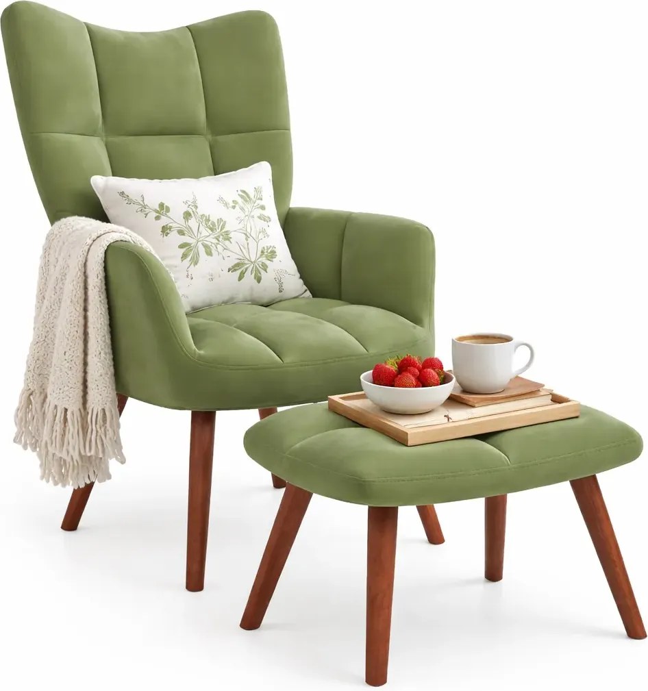 Jasnozielony pikowany fotel wypoczynkowy z podnóżkiem K4-S70