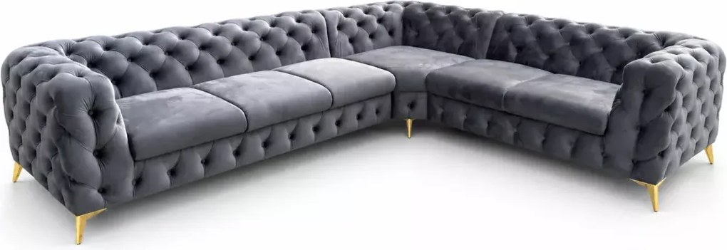 (Wyprzedaż) Nowoczesny tapicerowany narożnik Chesterfield Moet w stylu glamour 323x262, tkanina Amor Velvet 21 szary
