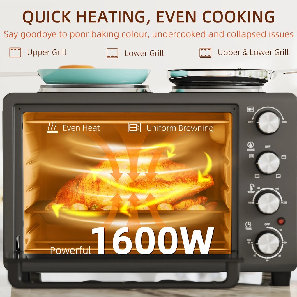 HOMCOM 28 L Mini Piekarnik, Kompaktowy Piekarnik do Gotowania i Grillowania, Elektryczny Piec z Blachą, Rusztem, 2600W - Czarny