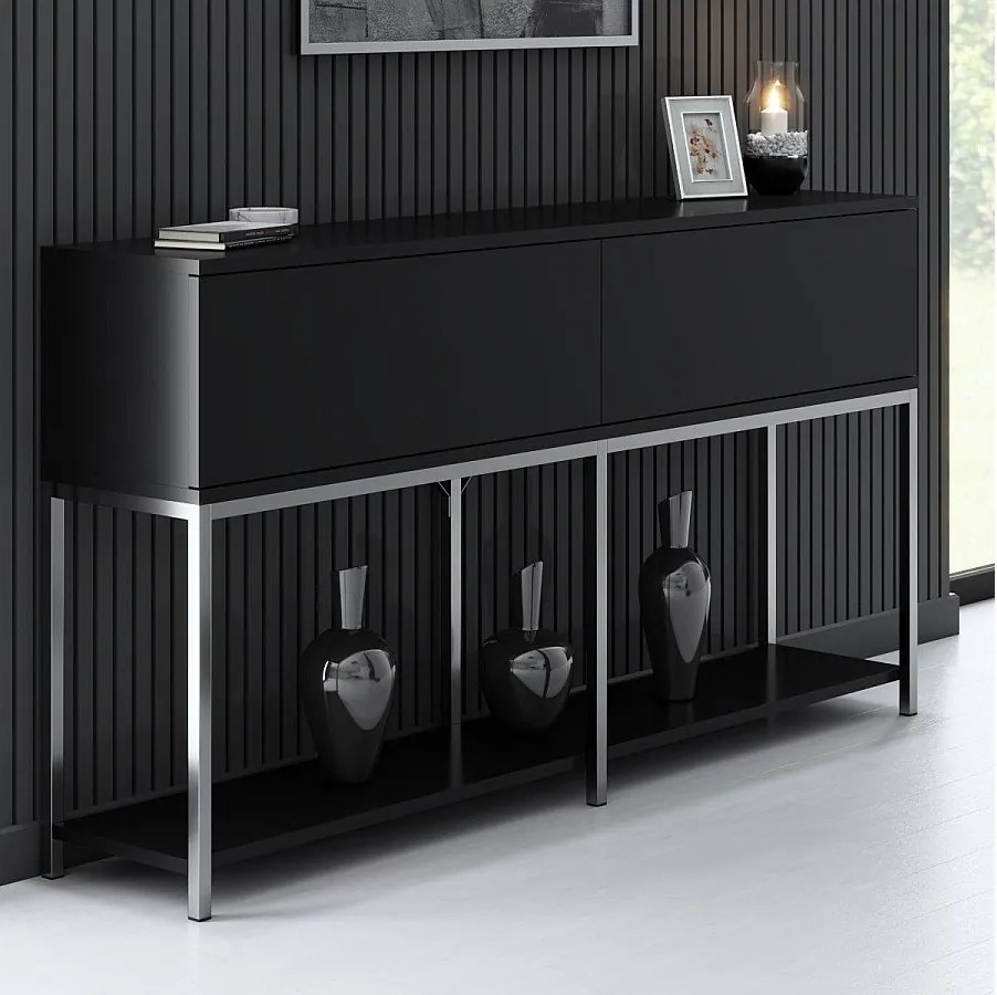 Komoda – 150 cm x 80 cm x 30 cm – Czarno-srebrna – Płyta wiórowa