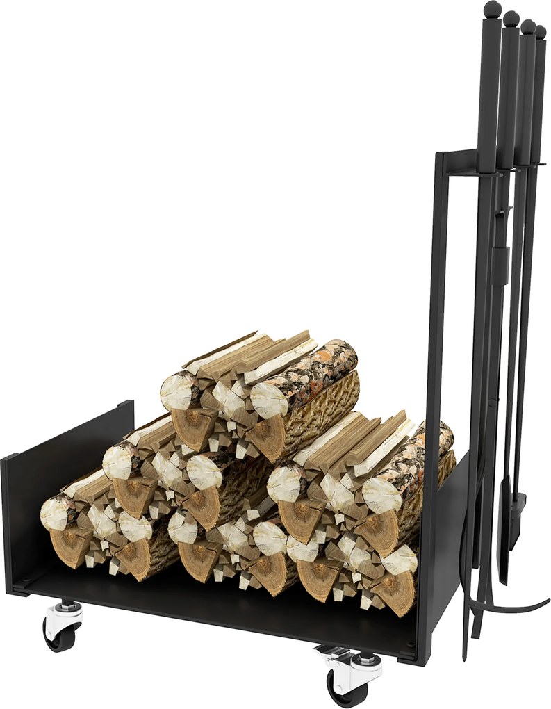 Outsunny Regał na drewno kominkowe z kołami, bogate wyposażenie, metalowa rama, udźwig do 60 kg, 48 x 30 x 76 cm, czarny