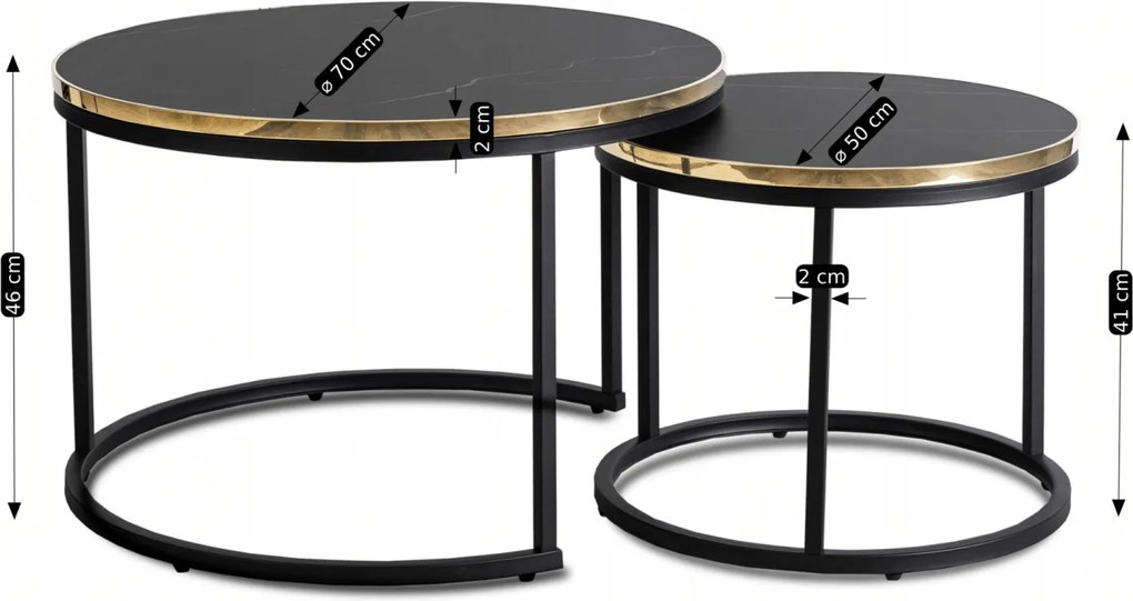 Zestaw Stolików Kawowych ARON 70 cm/50 cm Czarny Marmur Glamour