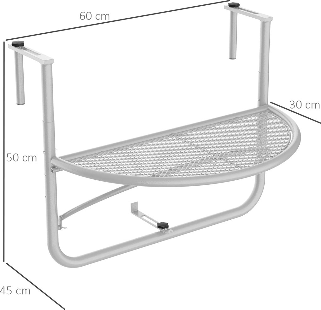 Outsunny Stół Wiszący Balkonowy Półokrągły Regulowana Wysokość Metalowy Biały Ø30cm 60x45x50cm | Aosom PL