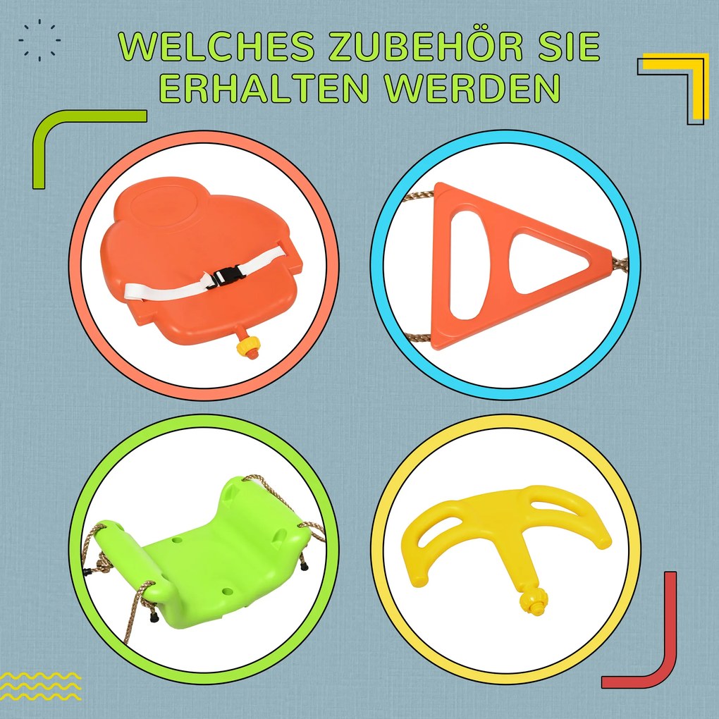 Outsunny Wielofunkcyjna Huśtawka Dziecięca 3w1 - Zielono-Żółto-Pomarańczowa, Regulowany Sznurek - Zabawa na Świeżym Powietrzu