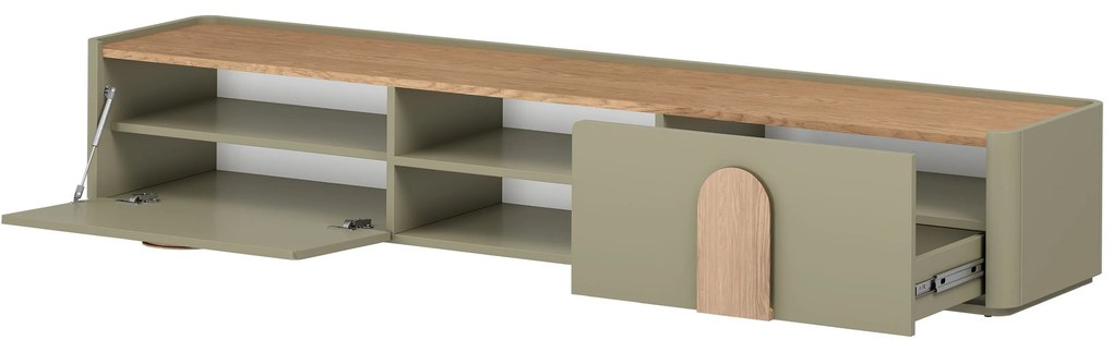 Szafka RTV Amilio 220 cm z szufladą - eukaliptus / dąb baltic dune / uchwyty dąb naturalny