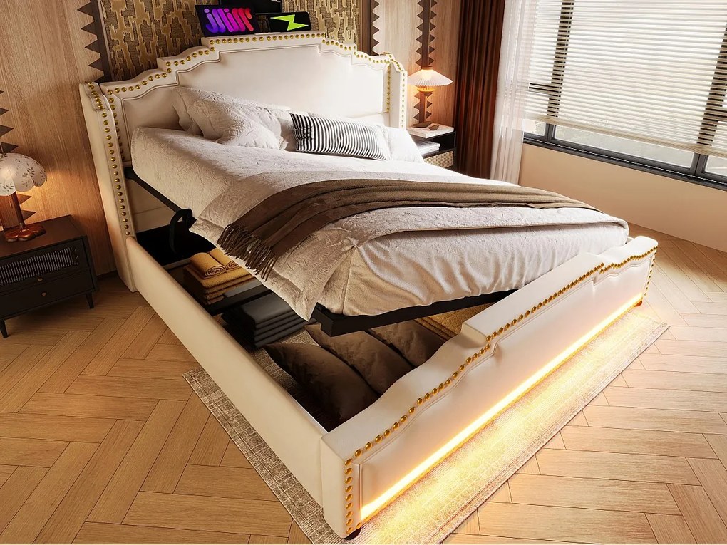 Łóżko tapicerowane 140 x 200 cm - z funkcją ładowania USB i LED u stóp łóżka - Beżowe