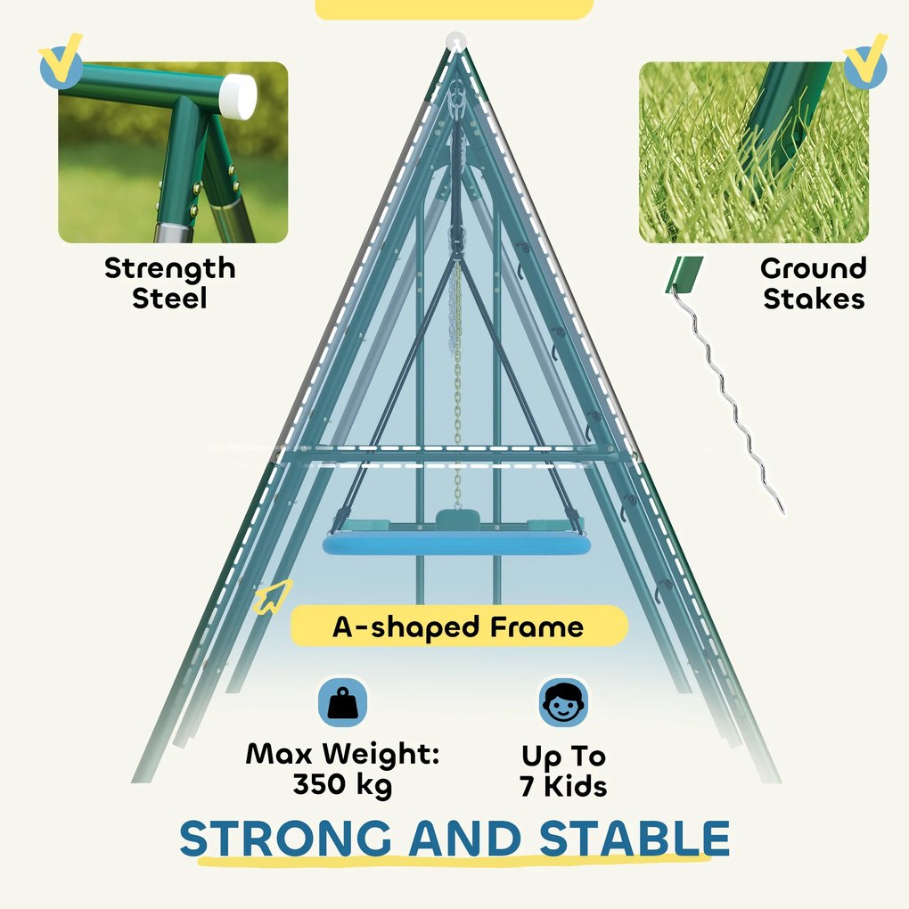 AIYAPLAY 5 w 1 huśtawka z regulowaną huśtawką typu gniazdo, kółkami gimnastycznymi, dwusiedziskiem, ścianką wspinaczkową, dla dzieci 3-8 lat, 440x175x203 cm | Aosom PL