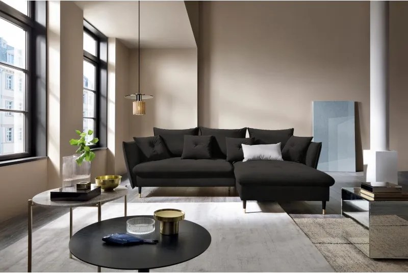 Narożnik GLAM Prawostronny z funkcją spania, zestaw z poduszkami wolnostojący tkanina RIVIERA 100 Czarny DOMO HOME