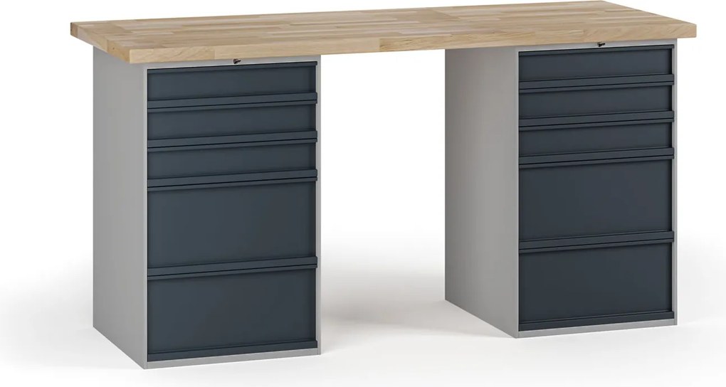 Stół warsztatowy G7, blat bukowy, 2000 x 800 x 840 mm, 2x kontener, 10x szuflada, grafitowy