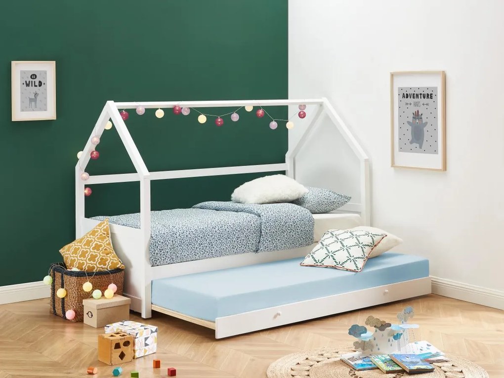 Łóżko wysuwane domek 2 szuflady 2 x 90 x 190 cm – Drewno sosnowe – Białe – CHORI