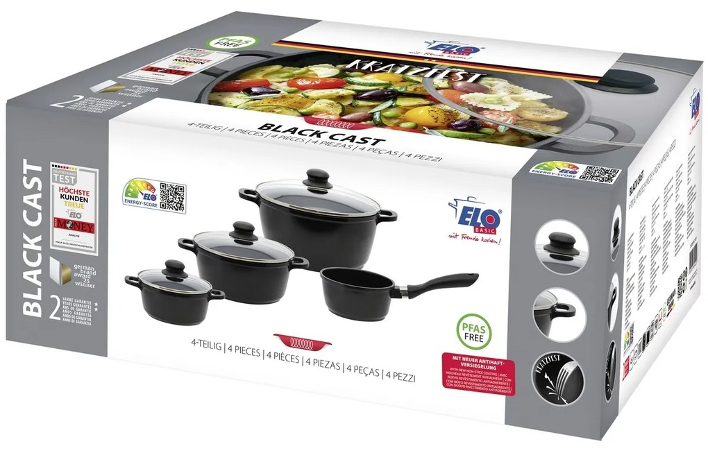 Elo 62440 Podstawowy 4-częściowy zestaw garnków zczarnego odlewu aluminiowego