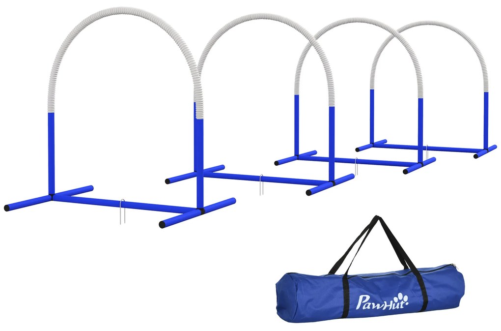 PawHut Zestaw Agility dla Psów, trening początkujących, 4 łuki, z torbą transportową, niebieski+biały, 88 x 64 x 95 cm