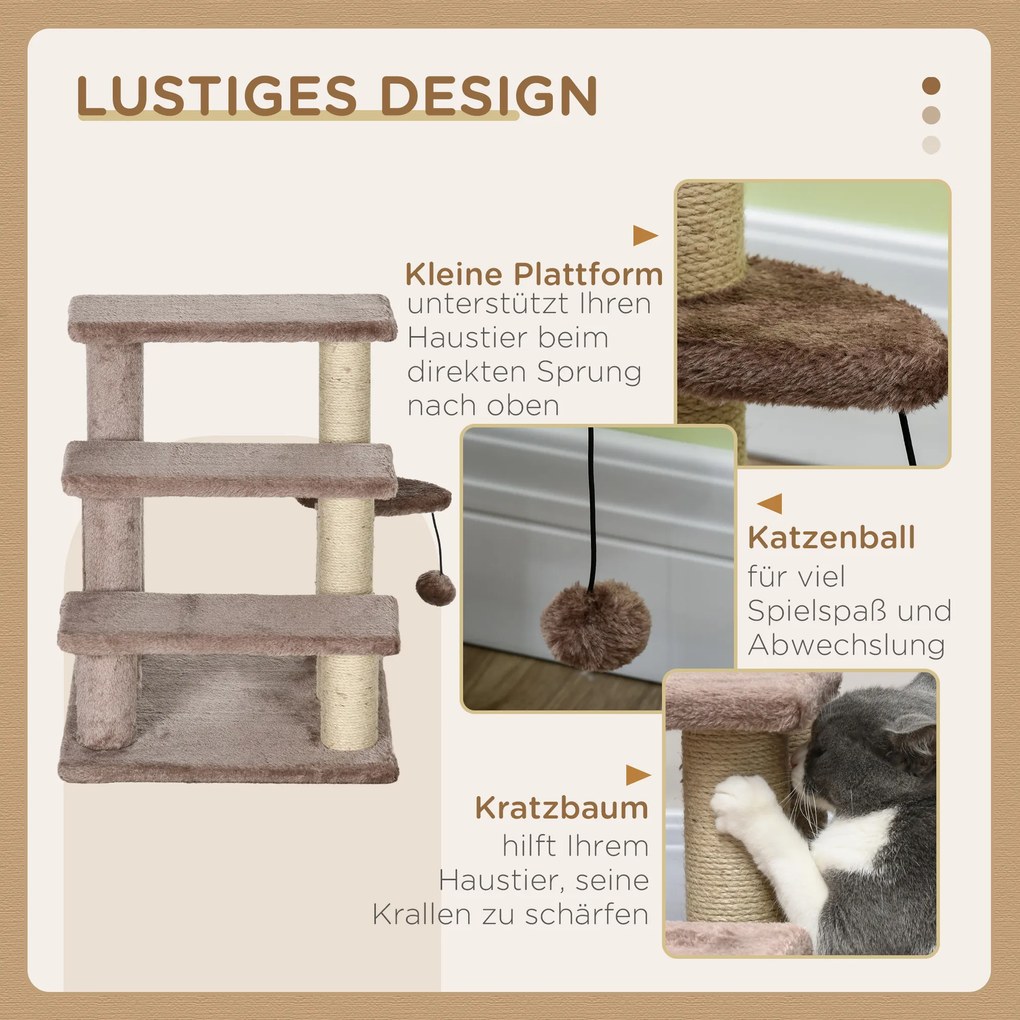 PawHut Drabinka dla Kotów z 3 Stopniami i Piłką, Do 5 kg, 45x40x48cm, Brązowa