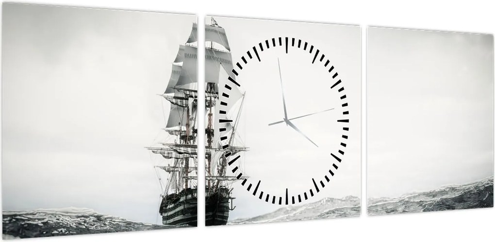 Obraz - Statek płynący po oceanie (z zegarem) (90x30 cm)