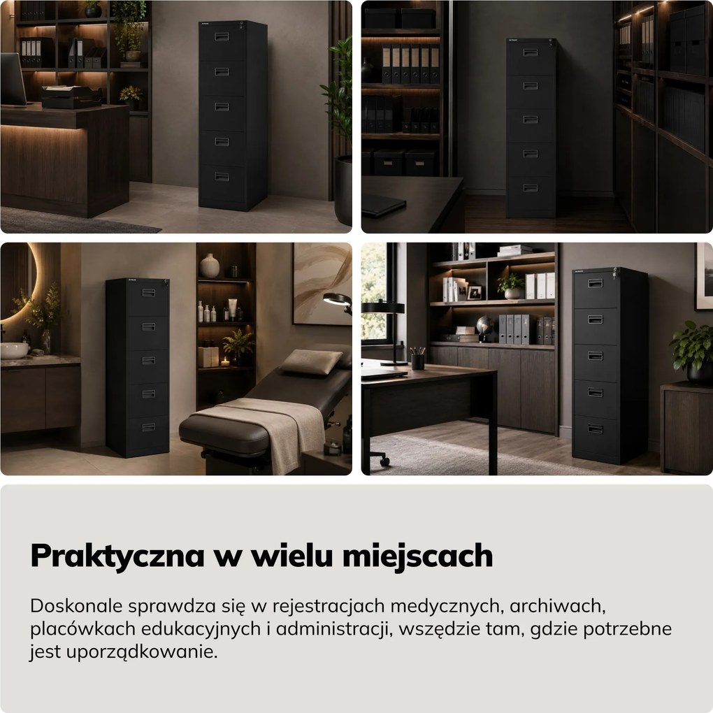 Szafa kartotekowa metalowa z 5 szufladami czarna, 460x1625.5x600 mm: SARA V5
