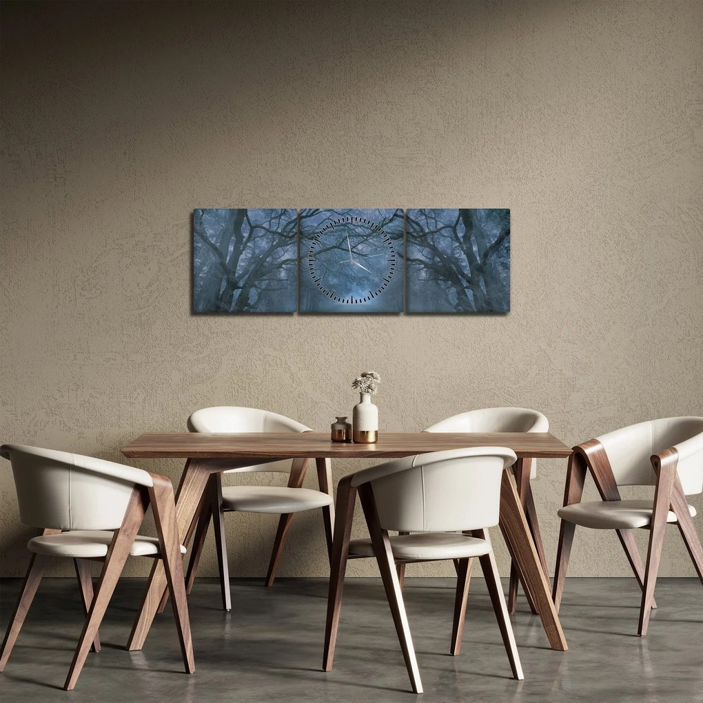 Obraz lasu we mgle (z zegarem) (90x30 cm)
