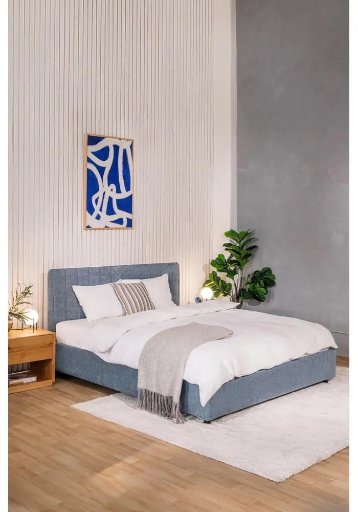 Niebieskie tapicerowane łóżko dwuosobowe ze schowkiem i stelażem 180x200 cm Myra Slim Line – Bonami Selection