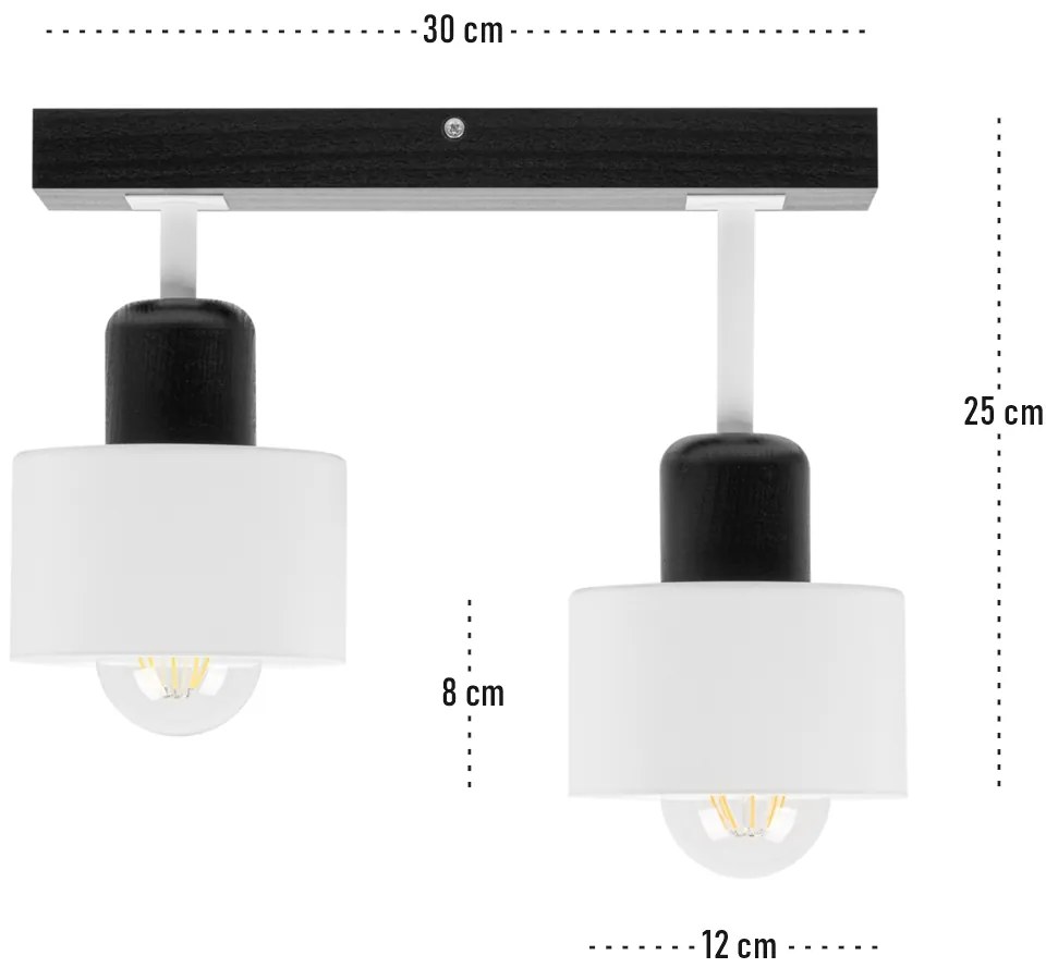 Biało-czarna lampa sufitowa, dwupunktowy spot DWE30x7SC z drewna i met