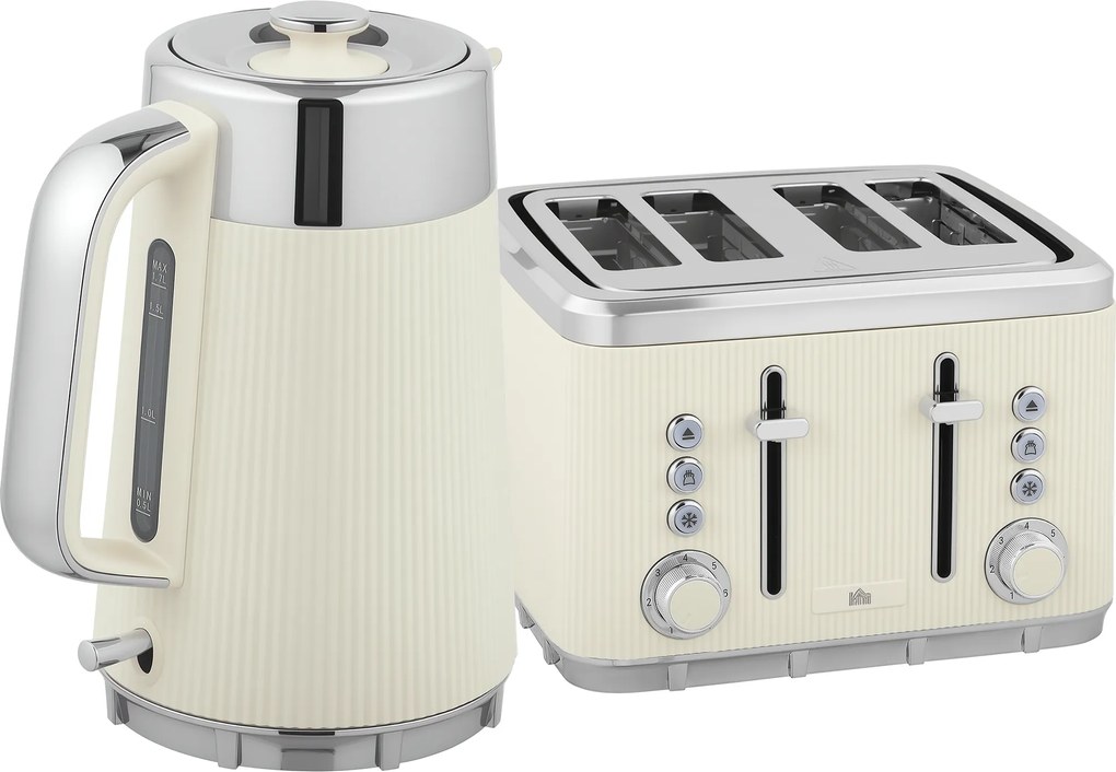 HOMCOM 2200 W, 1,7 l czajnik z funkcją szybkiego gotowania, filtrem przeciwkamiennym i 4-kromkowym tosterem z 7 stopniami zarumienienia, kremowo-biały | Aosom PL