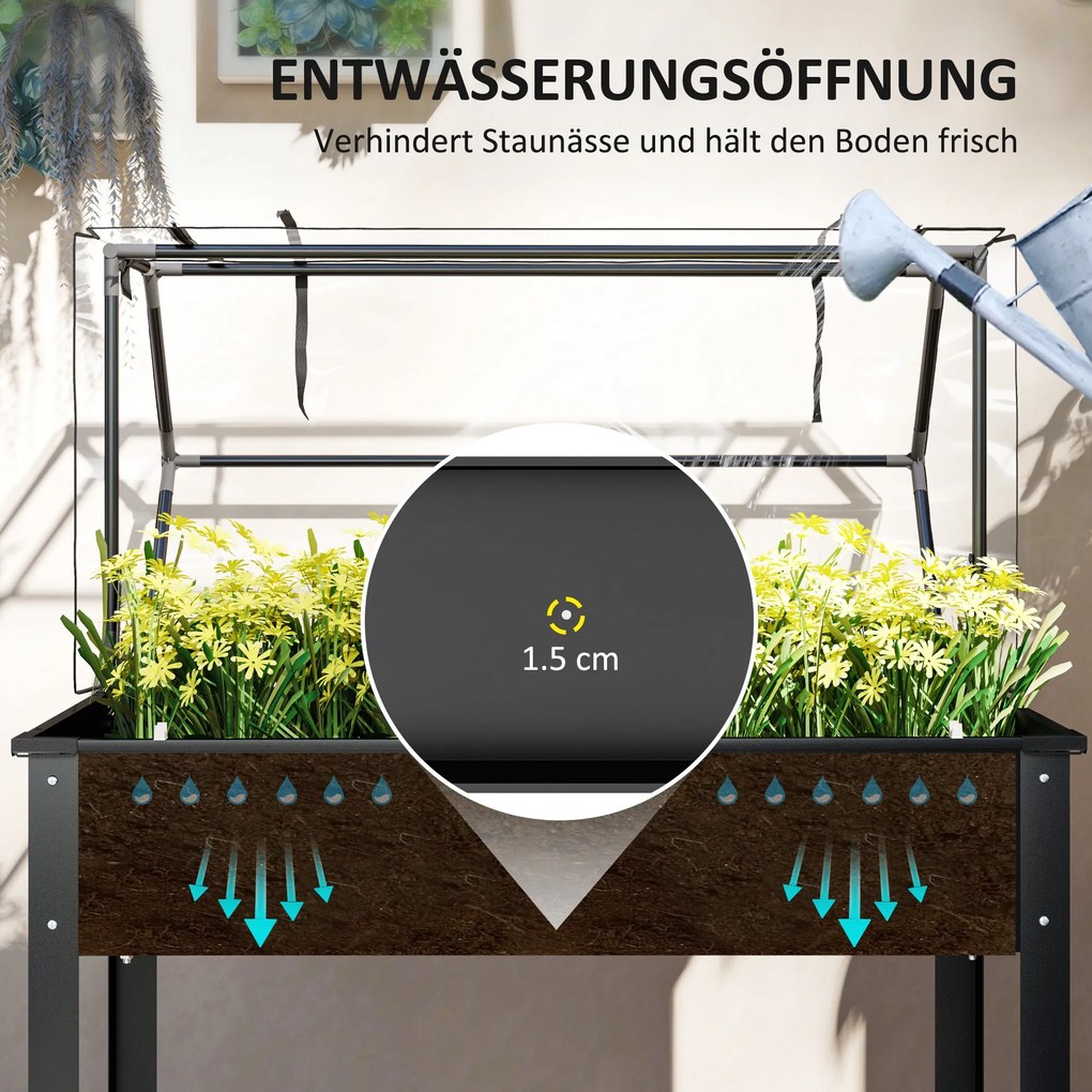Outsunny Wysoki grządek z dachem cieplarnianym, Podniesiona skrzynka do sadzenia z otworami odpływowymi, 100 x 48 x 124 cm, Czarny
