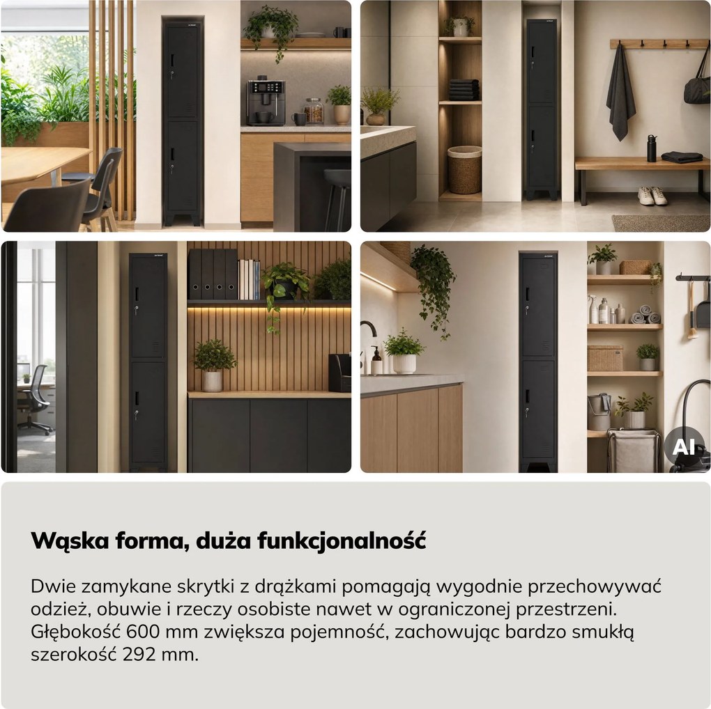 Szafka ubraniowa metalowa pracownicza głęboka 2-drzwiowa czarna, 292x1720x600 mm: BARTEK 1 Plus D600