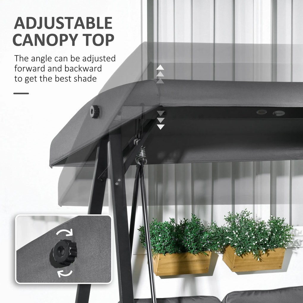 Outsunny Huśtawka Hollywood dla 2 osób, ogrodowa z regulowanym dachem, do 220 kg, 145 x 116 x 172 cm, Ciemnoszary