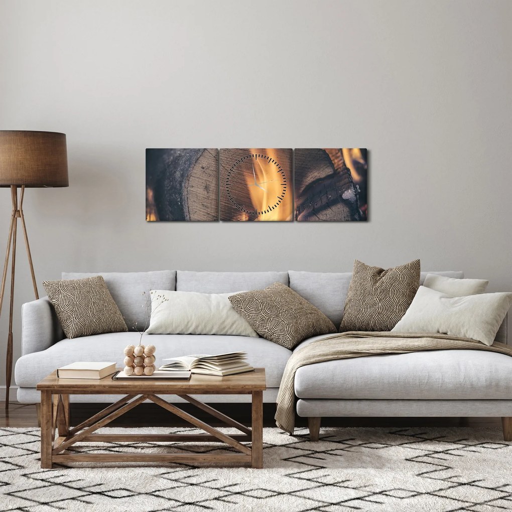 Obraz płonącego drewna (z zegarem) (90x30 cm)