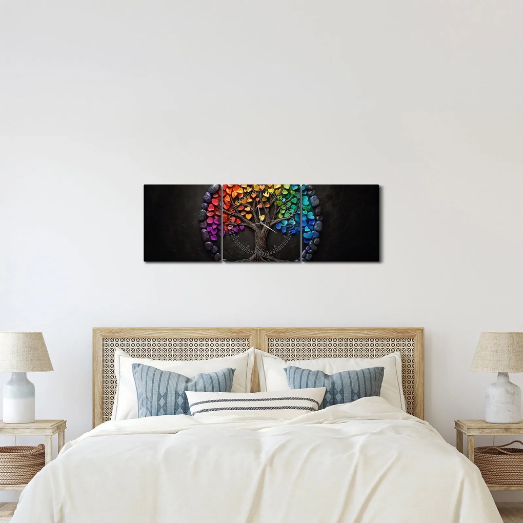 Obraz – Drzewo pełne kolorowych serc (z zegarem) (90x30 cm)